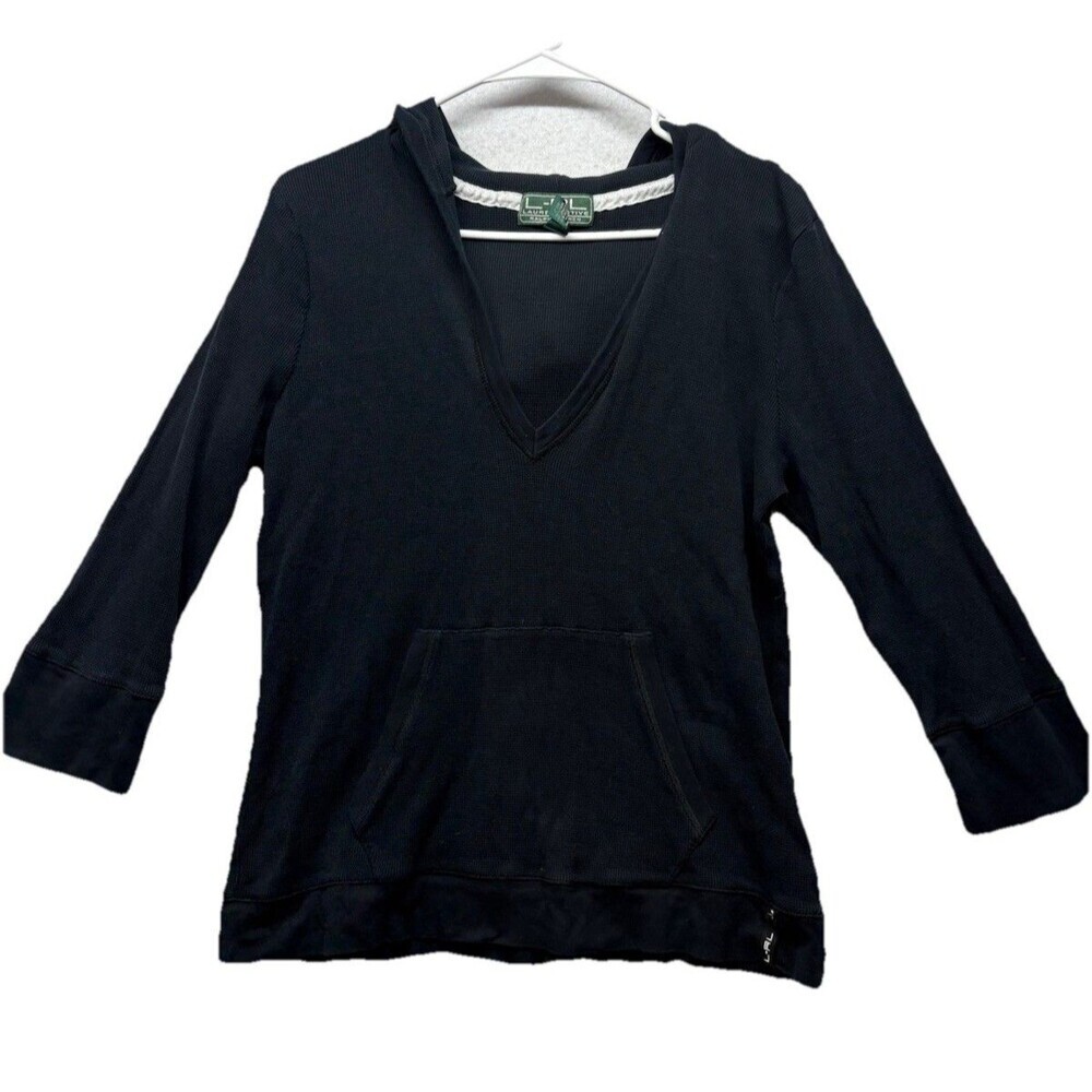 Lauren Active L-RL Ralph Lauren Size XL Black Waffle Knit V Neck Hoodie 3/4 Slv
